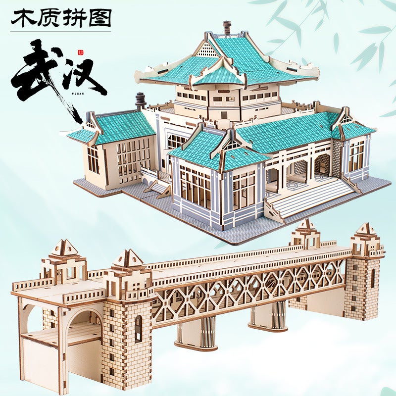 Ancient Style Architecture Wuhan Yangtze River Bridge Diy Wooden Assembly Model Handmade 3D Stereo Puzzle Customization ‌ - Image 2